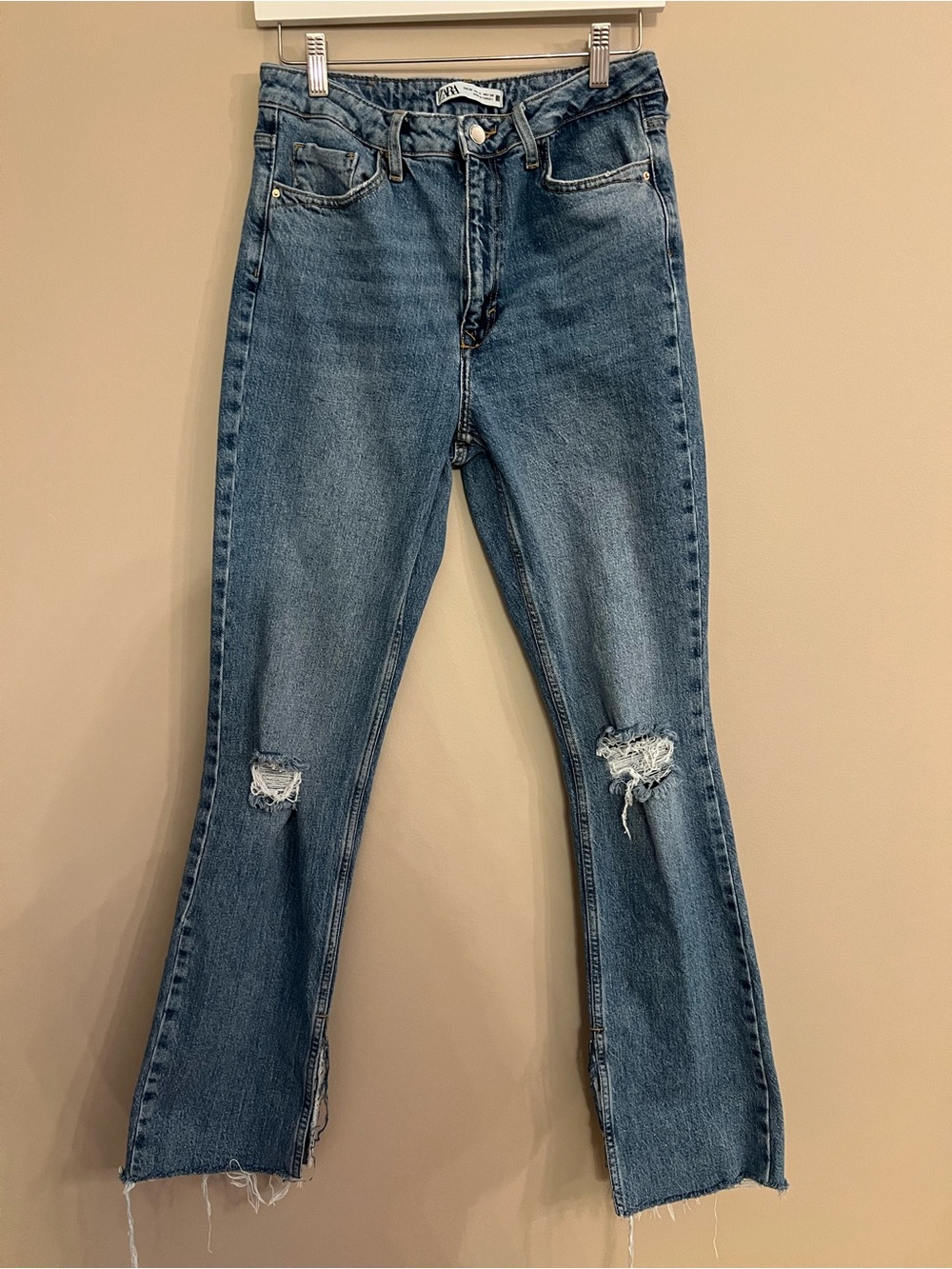 Zara High Rise Distressed Split Hem Jeans